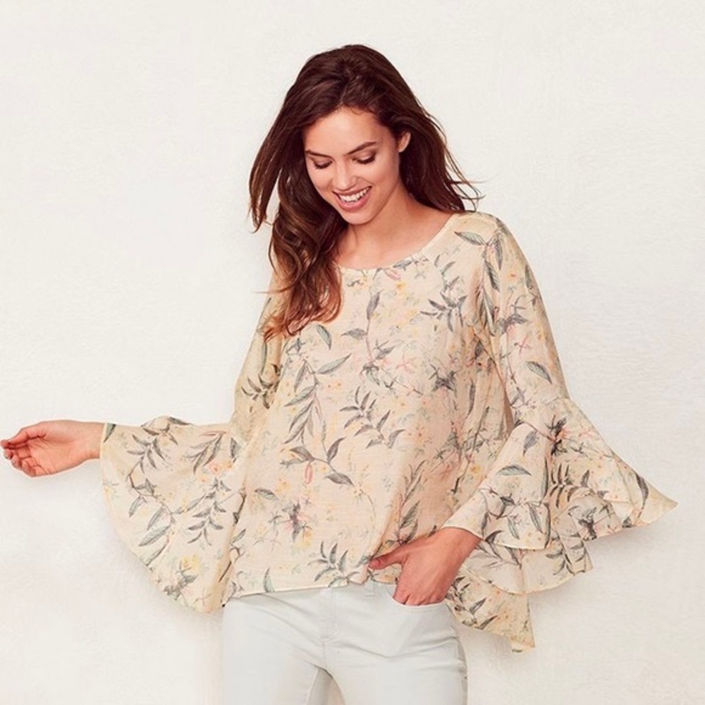 Lauren Conrad Bell Sleeve Sheer Blouse with Vintage-inspired Botannical Print